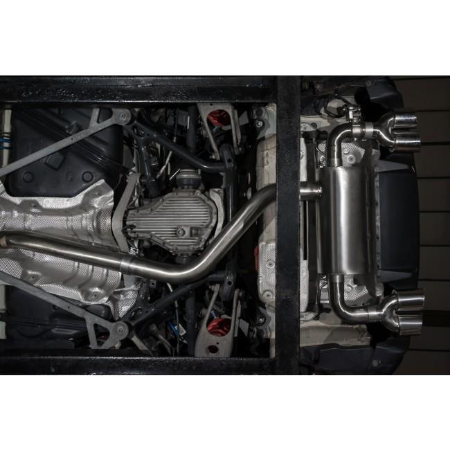 Cobra Sport BMW M2 F87 coupe 3-inch valved cat back performance exhaust system installed on the vehicle.