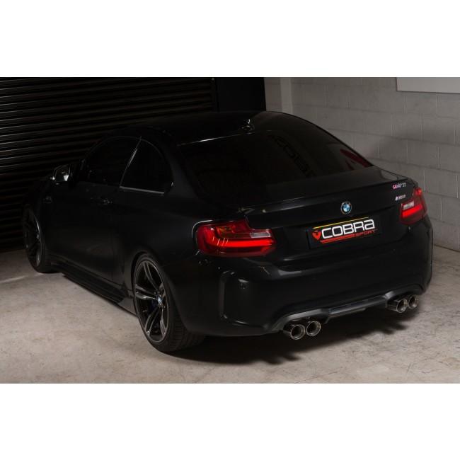BMW M2 F87 Cobra Sport 3-inch valved cat back performance exhaust system installed, showcasing polished exhaust tips and piping.