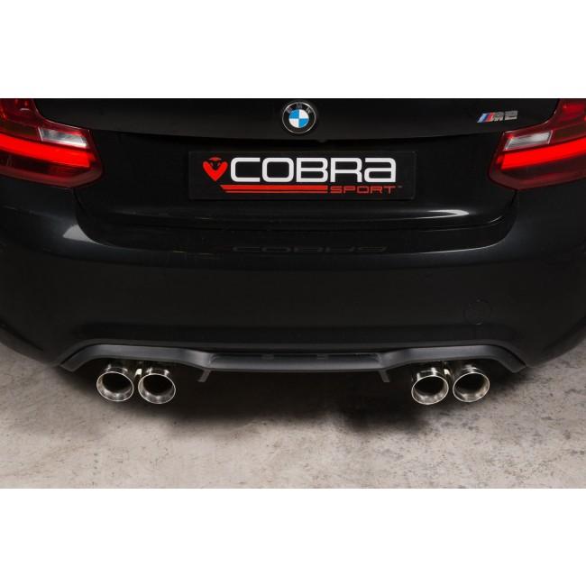 Cobra Sport BMW M2 F87 Coupe 3-inch valved cat back performance exhaust system installed on the vehicle.