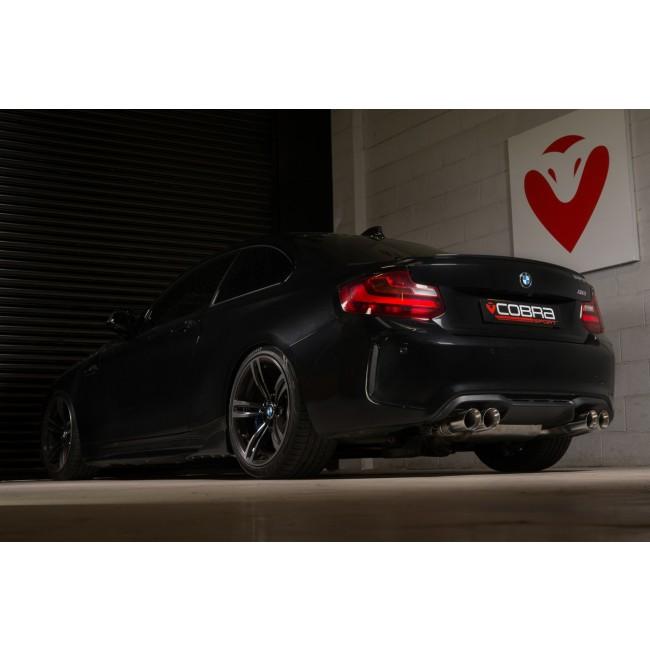 Cobra Sport cat back performance exhaust installed on BMW M2 (F87) coupe, showcasing the 3-inch valved exhaust system.