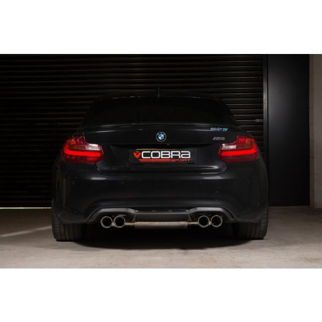 BMW M2 F87 Cobra Sport 3-inch valved cat back performance exhaust, shown installed with sleek exhaust tips and polished finish.