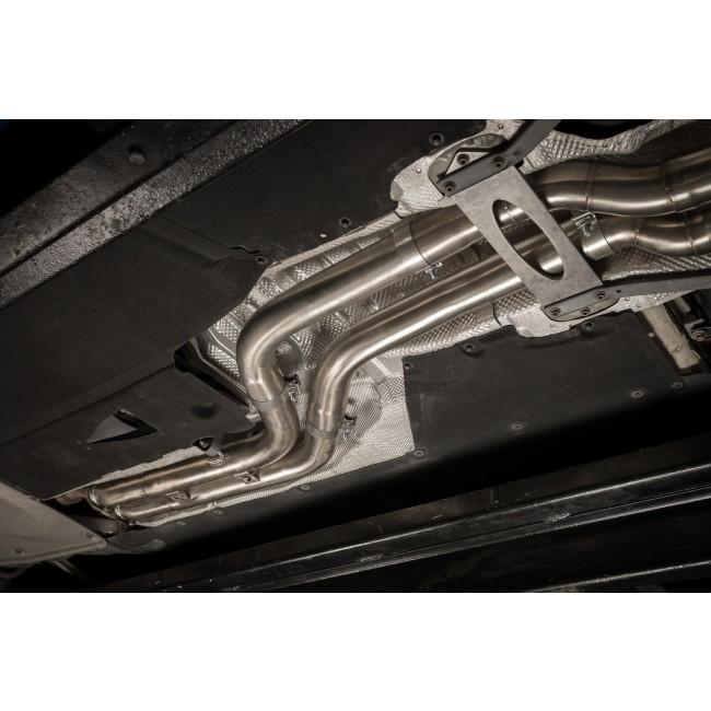 Cobra Sport BMW M3 F80 GPF/OPF back exhaust with 3-inch secondary de-cat bypass, featuring polished stainless steel pipes and mufflers.