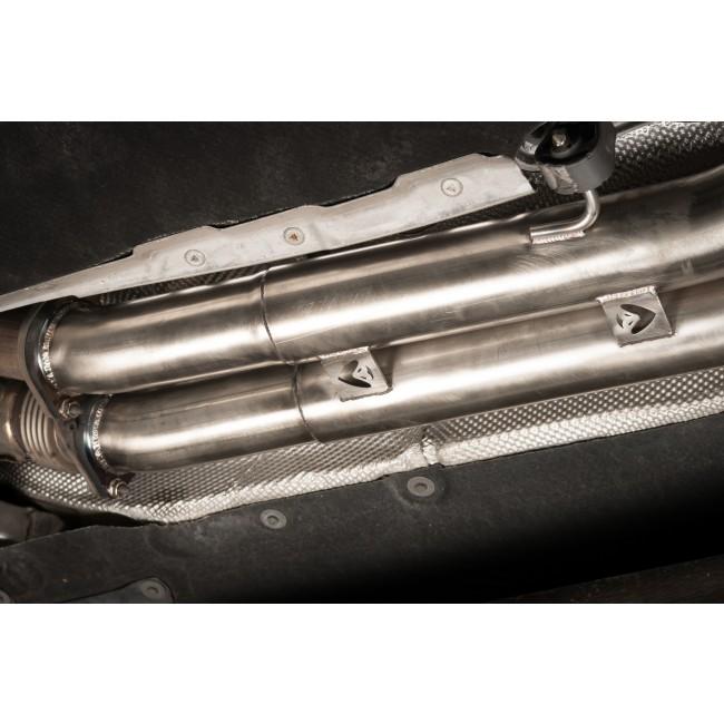 Cobra Sport BMW M4 F82 coupe GPF/OPF back exhaust with 3-inch secondary de-cat bypass, showcasing polished stainless steel pipes.