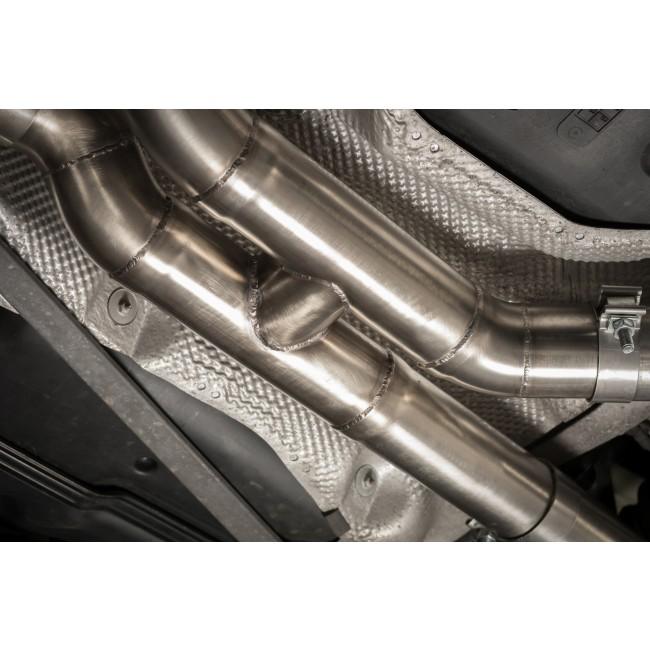 Cobra Sport BMW M4 F82 coupe 3-inch valved primary cat back performance exhaust system showcasing polished stainless steel pipes.