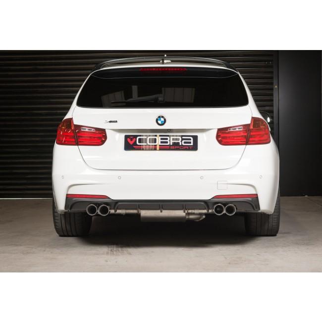 Cobra Sport BMW 330D F30 F31 quad exit M3 style exhaust conversion installed on a touring model, showcasing polished exhaust tips.