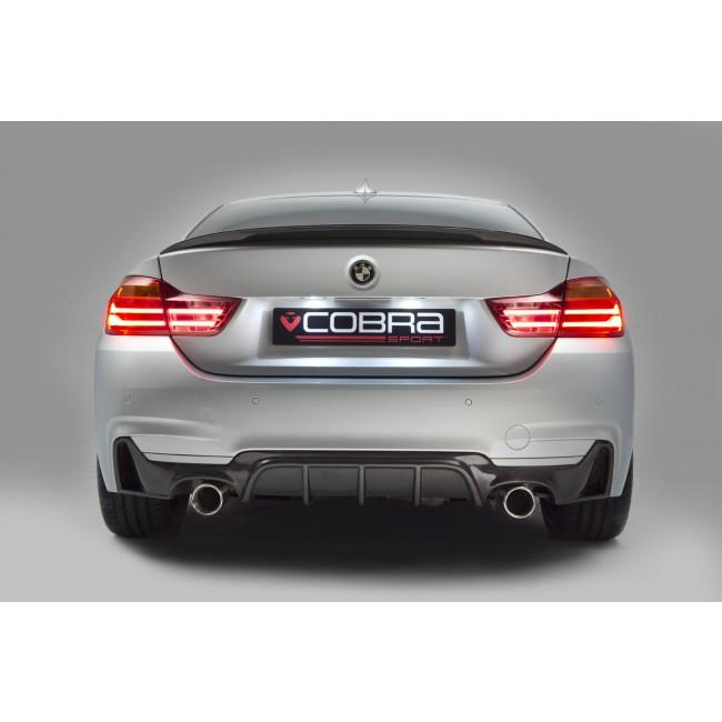 Cobra Sport BMW 420D/F33 dual exit exhaust conversion with 440i style design, enhancing rear view and exhaust performance.