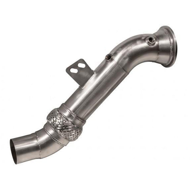 Cobra Sport BMW 340i downpipe with sports cat, showing a stainless steel performance exhaust component for enhanced engine sound.