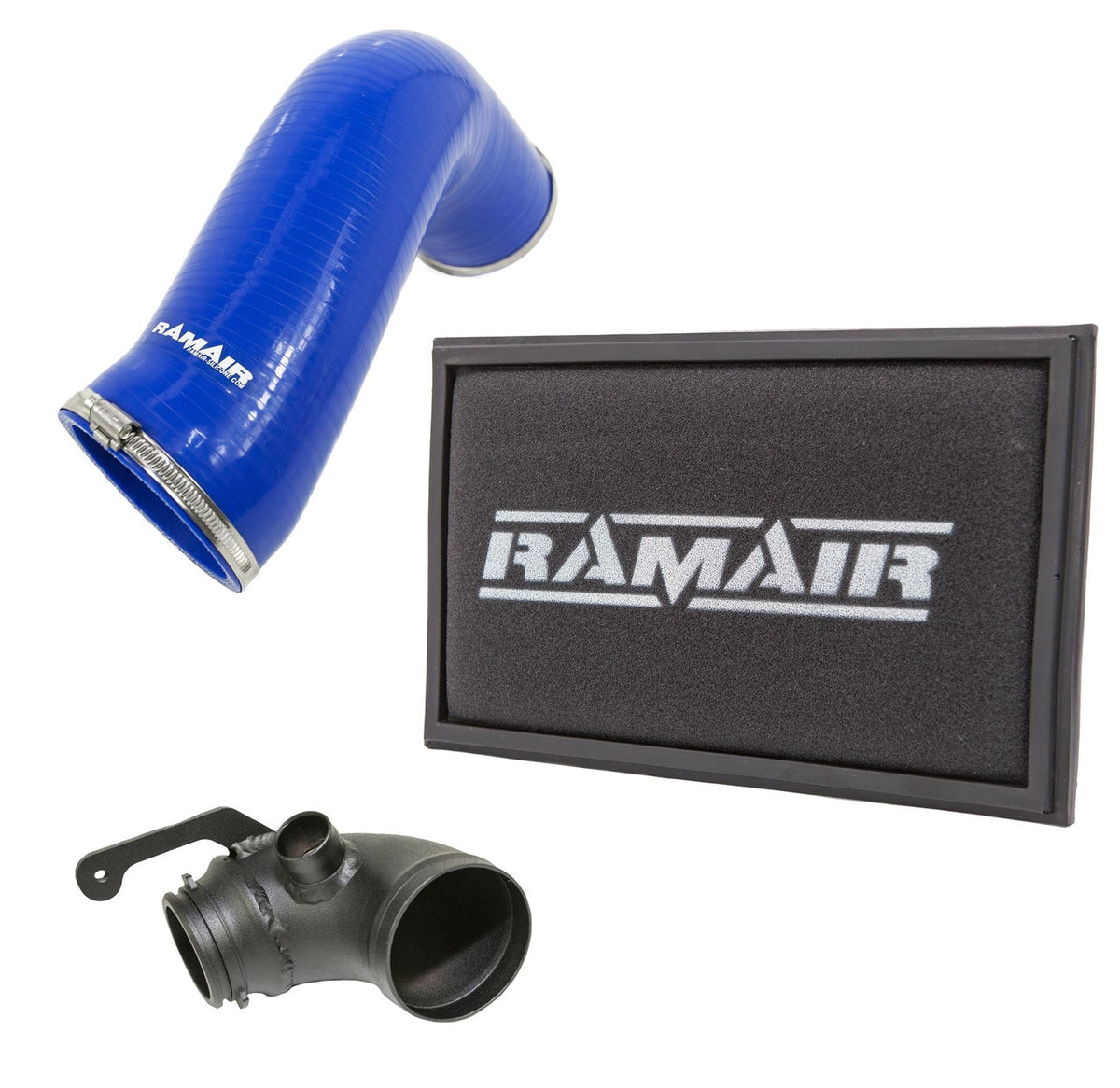 Ramair induction kit with panel air filter, intake pipe, air hose, and turbo elbow for Audi A3 S3 TSI MQB engine.