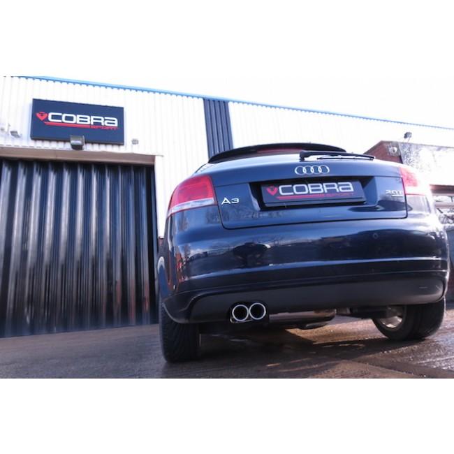 Cobra Sport Audi A3 8P 2.0 TFSI Quattro cat back performance exhaust system with polished tips on a three-door hatchback.