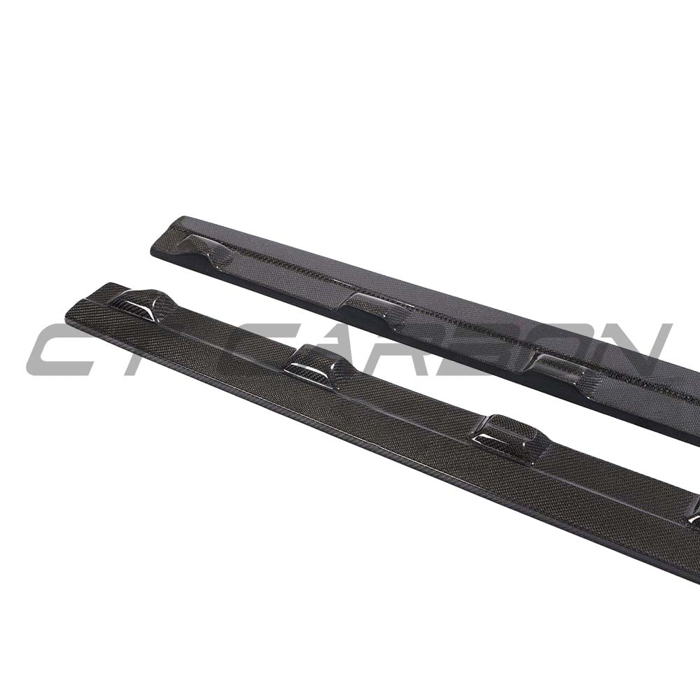 Audi A3 8V facelift carbon fibre side skirts by CT Carbon, showcasing sleek, lightweight aerodynamic accents on the vehicle's sides.
