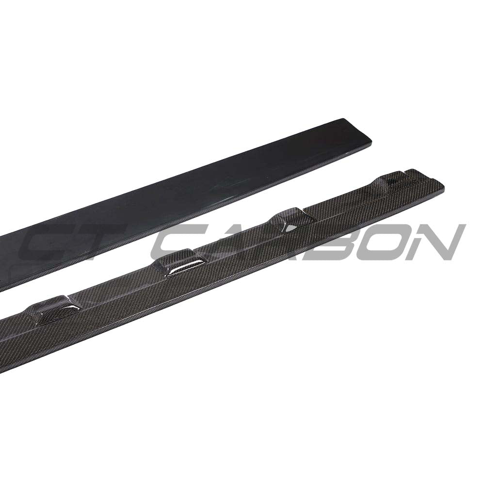 Carbon fibre side skirts for Audi A3 8V facelift by CT Carbon, showing sleek, aerodynamic design on the vehicle's side.