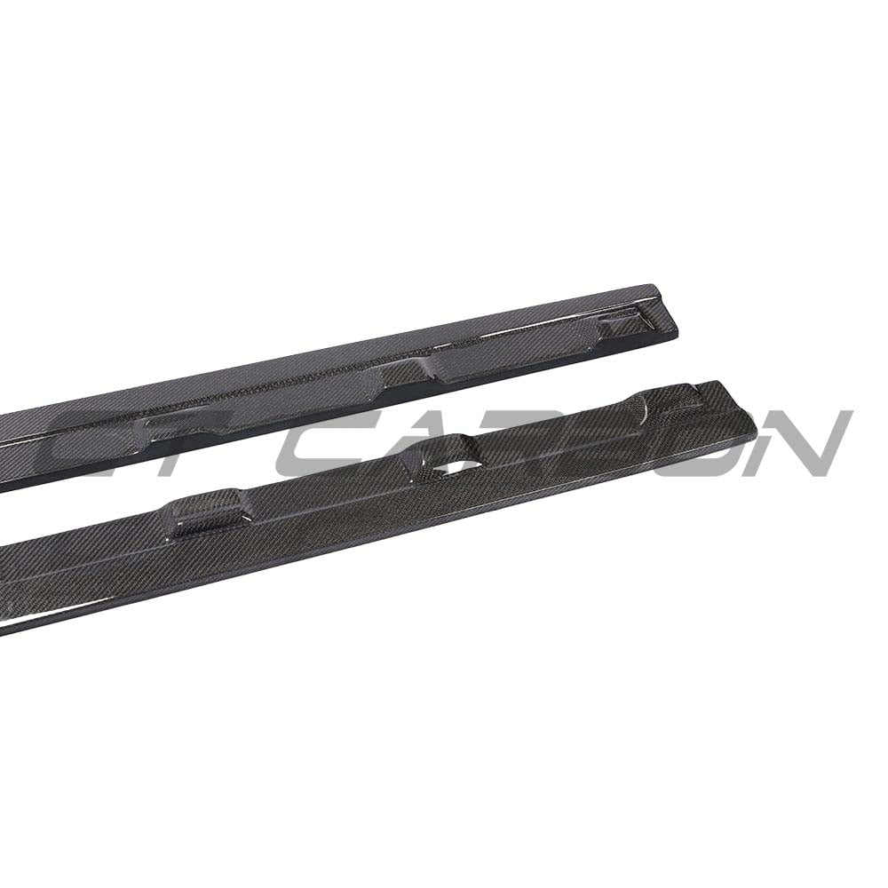 Audi A3 8V facelift carbon fibre side skirts by CT Carbon, showing sleek, textured side panel enhancements.