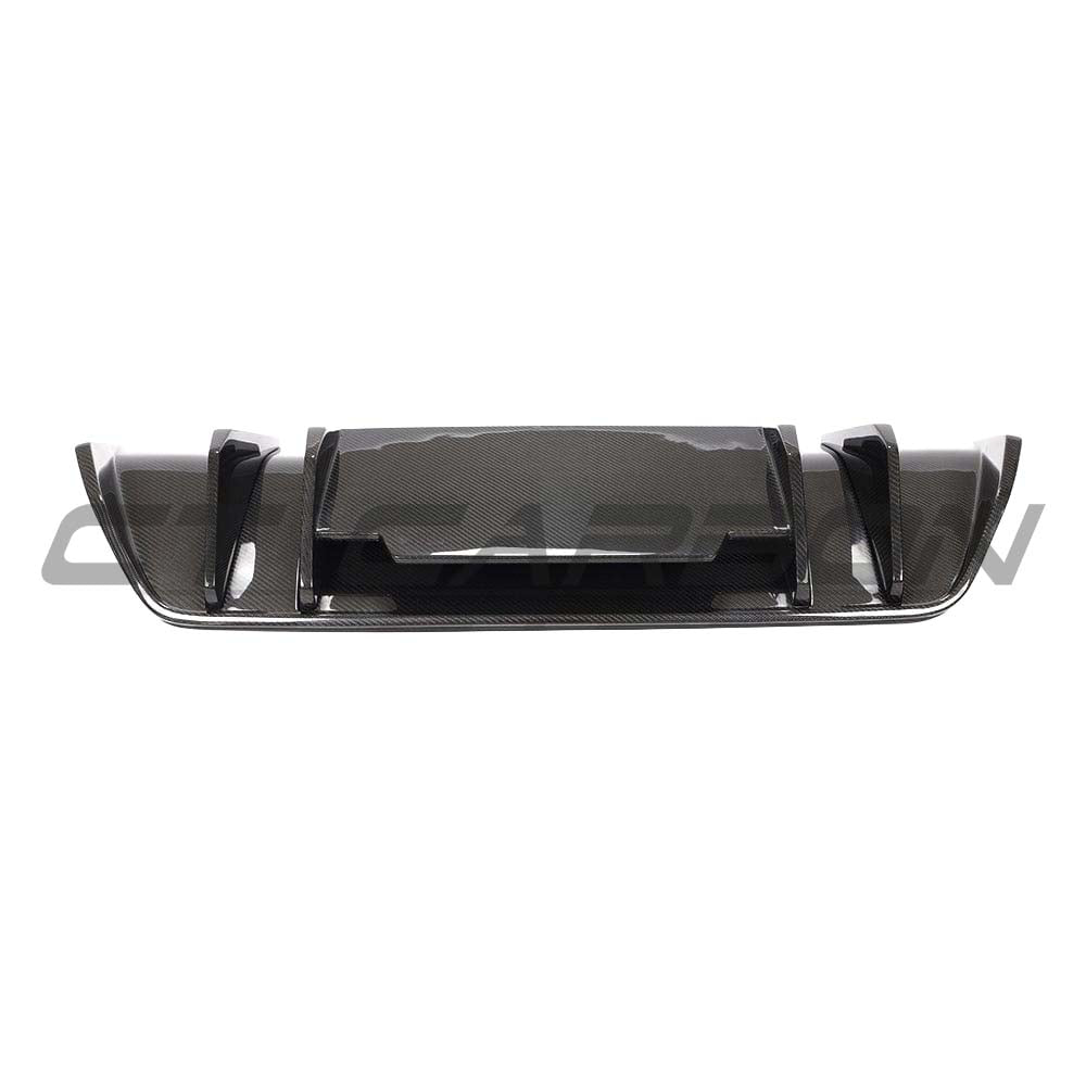 Carbon fibre diffuser for Audi R8 V10 Gen 2 by CT Carbon, featuring V-style design, shown installed on the car's rear underside.