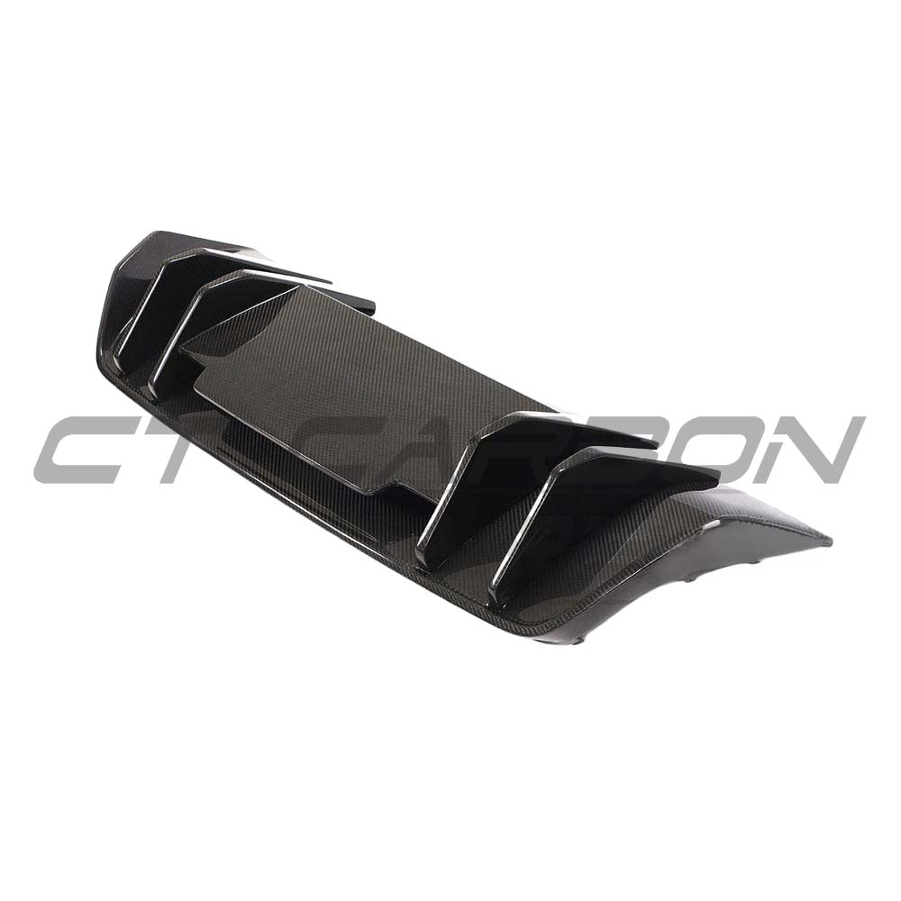 Audi R8 V10 Gen 2 carbon fiber diffuser by CT Carbon, V Style, showcasing sleek aerodynamic design and high-quality craftsmanship.