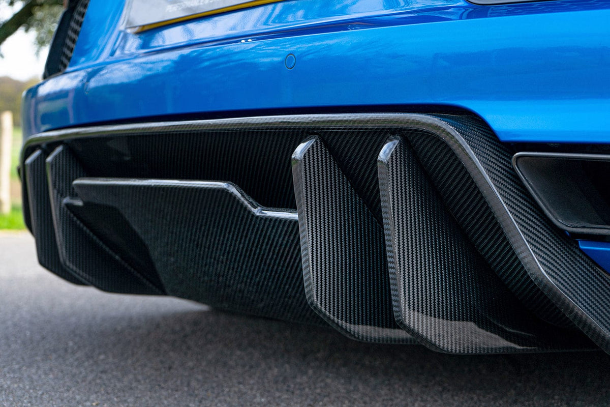 CT Carbon Audi R8 V10 Gen 2 carbon fiber V-style diffuser showing sleek, aerodynamic design for high-performance sports car.