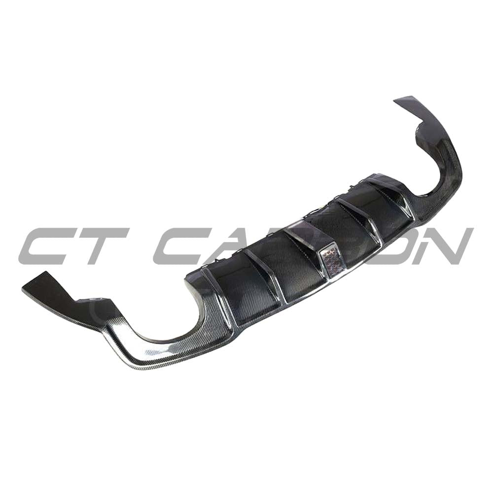CT Carbon Audi RS3 8V saloon rear diffuser with DTM light, full carbon fiber kit for facelift model, showcasing sleek vehicle enhancements.
