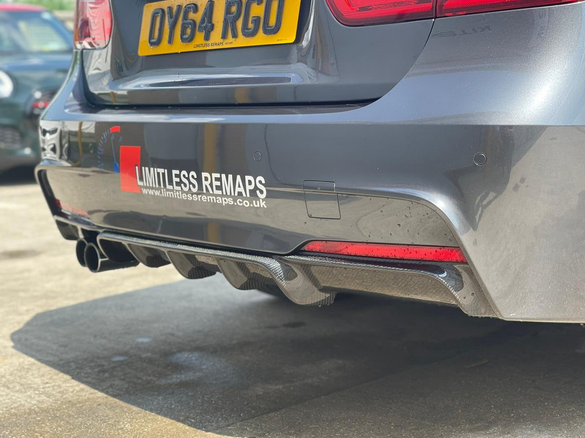 BMW F30/F31 3 Series carbon fibre diffuser with twin exhaust from CT Carbon, featuring a sleek MP style design.