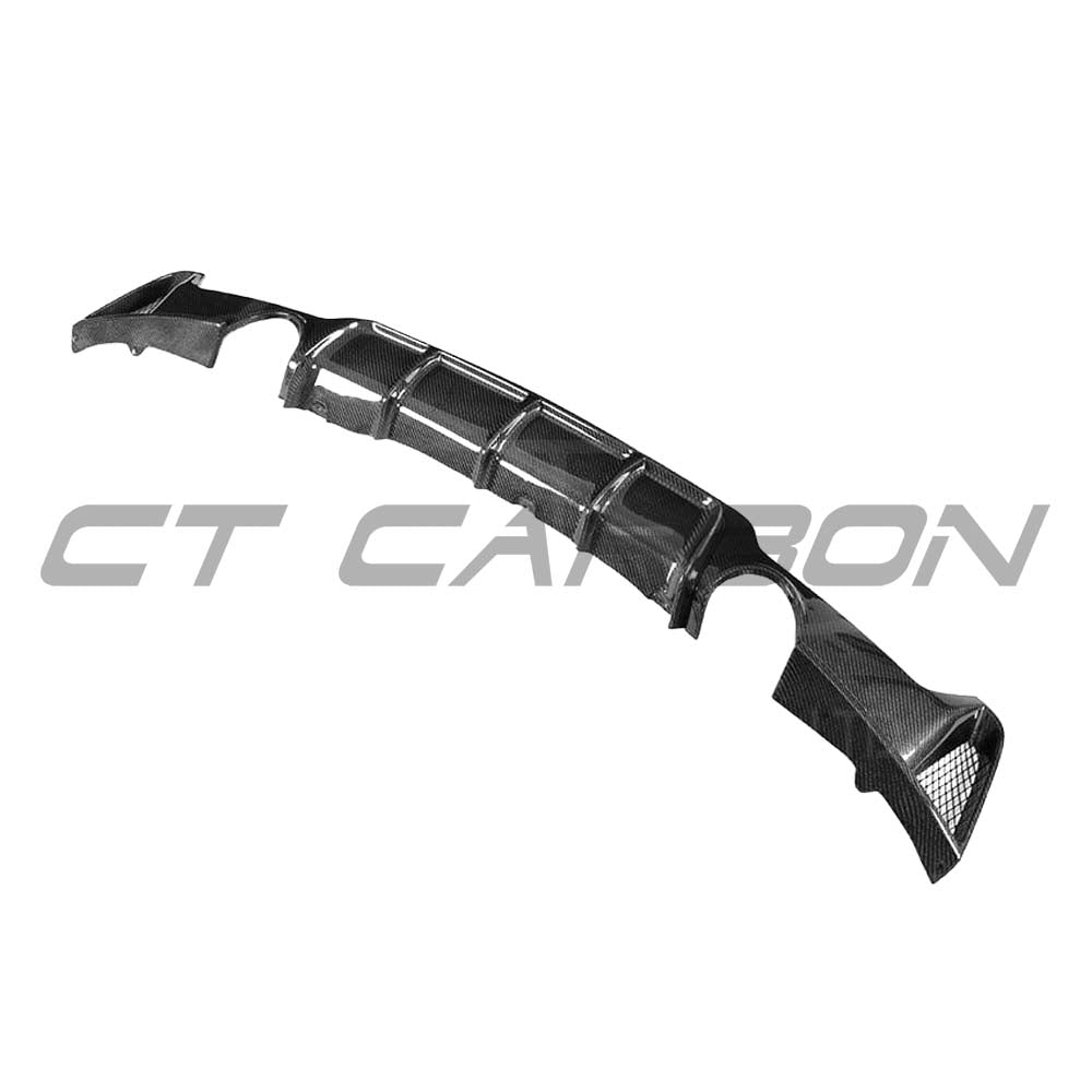 BMW F32, F33, F36 4 Series carbon fiber diffuser with dual exhaust, featuring a sleek MP style design by CT Carbon.