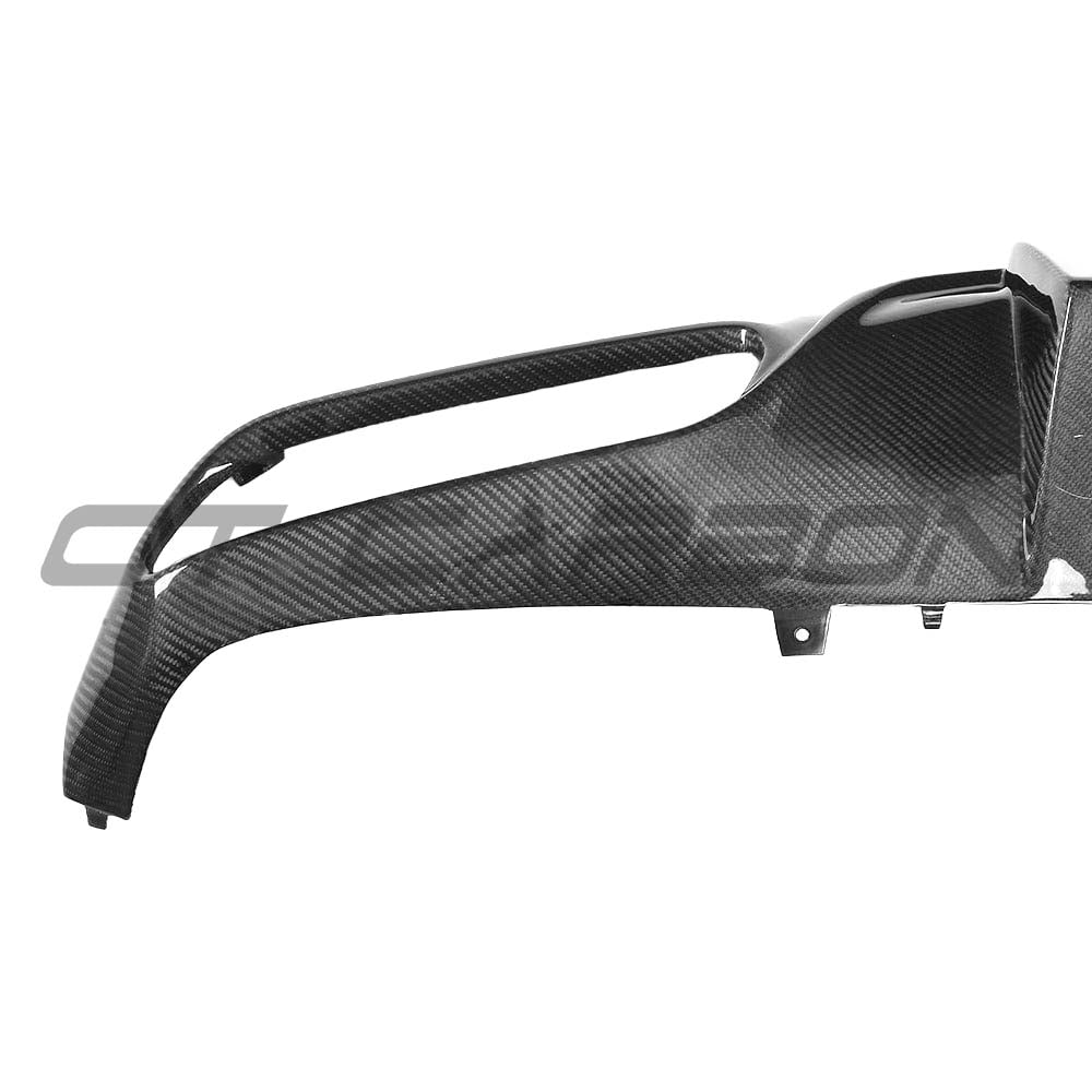 Carbon diffuser for Mercedes W205 C63 Coupe, CT Carbon V1, showing sleek black finish and aerodynamic design for enhanced vehicle performance.