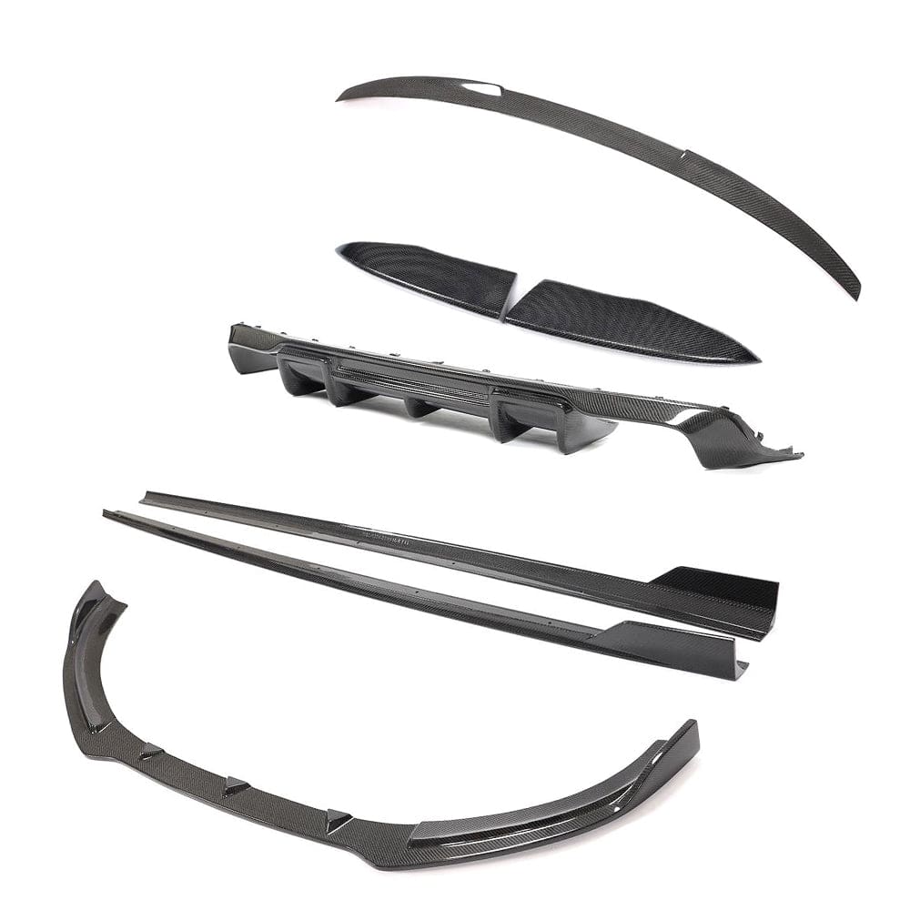 Full carbon fiber kit for Audi S3 pre-facelift saloon 8V by CT Carbon, includes front splitter and side skirts in carbon fiber.