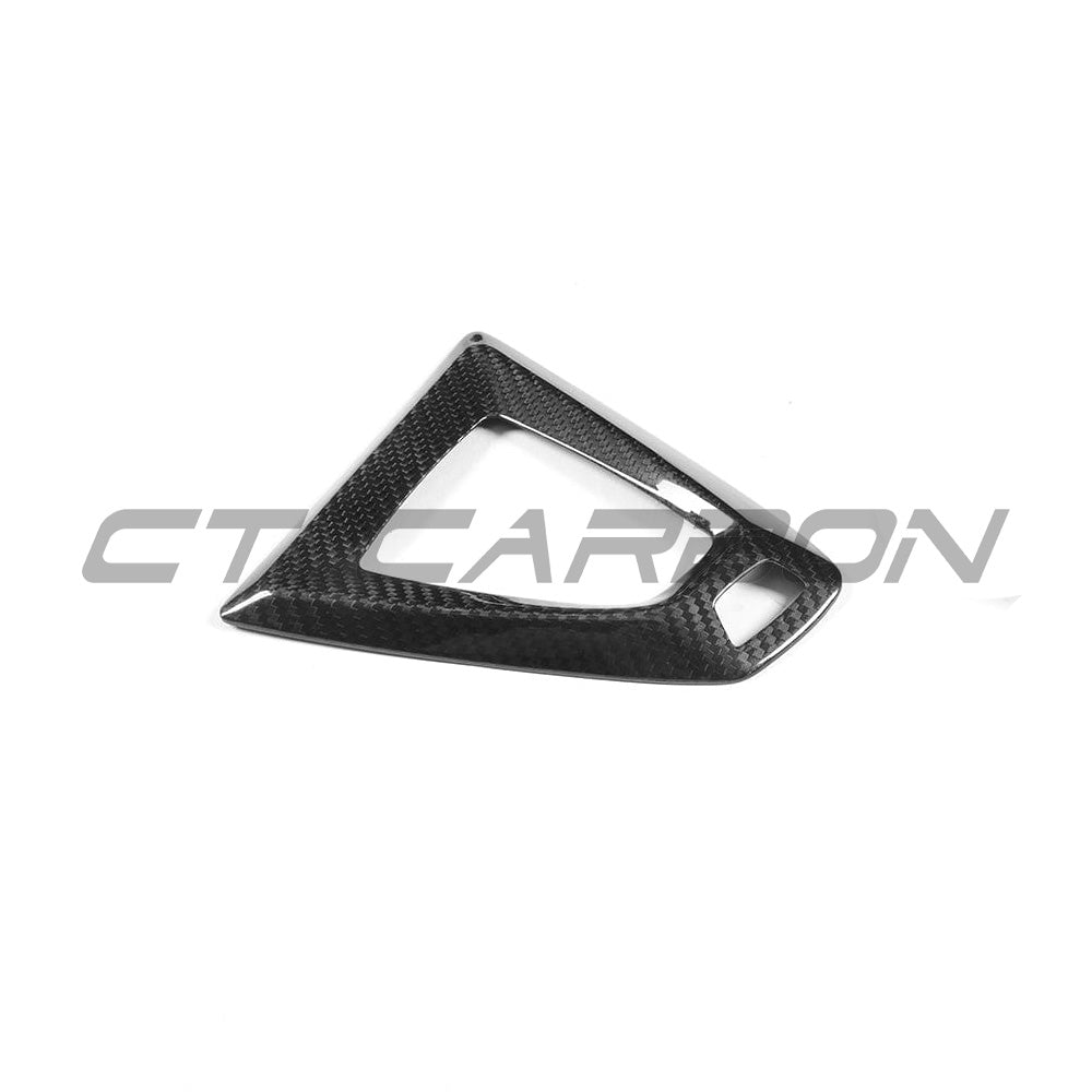 BMW Fxx M car DCT shifter surround set by CT Carbon, RHD interior accessories with carbon fiber finish visible in image.