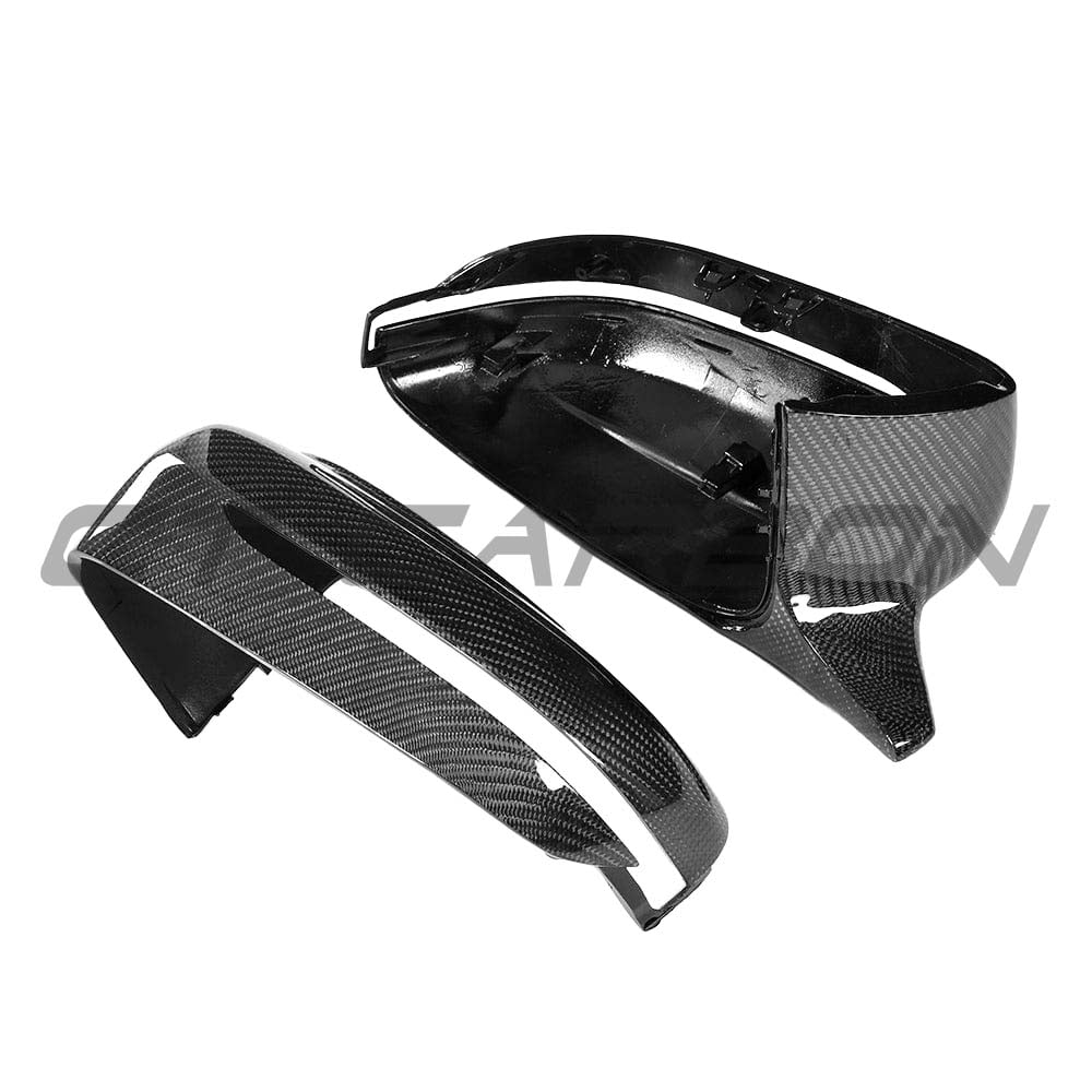 BMW 3, 4, 5 Series G20, G21, G22, G26, G30 carbon fibre mirror replacements by CT Carbon, LHD only, close-up of side mirrors.