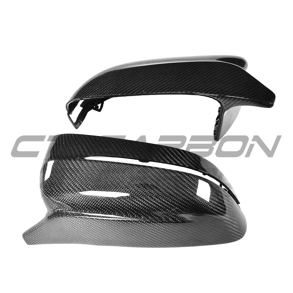BMW 3, 4, 5 Series G20, G21, G22, G26, G30, G31 carbon fibre side mirrors by CT Carbon, LHD only, close-up view.