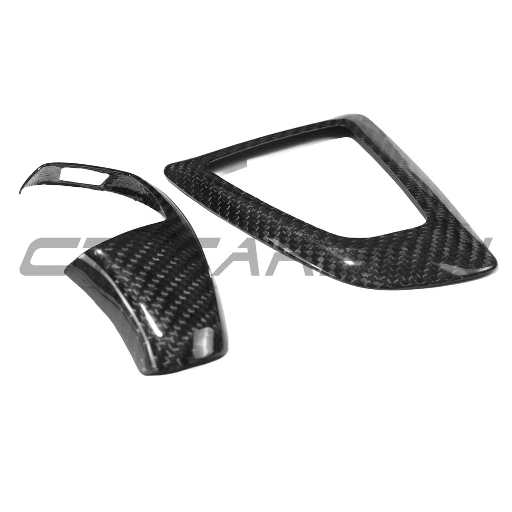 BMW Fxx ZF shifter and surround set for LHD, CT Carbon accessories with carbon fiber finish and ergonomic design.