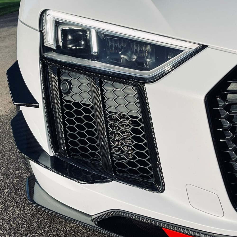 Carbon fibre side grille for Audi R8 V10 Gen 2 by CT Carbon, showcasing sleek, textured design on the vehicle's side.