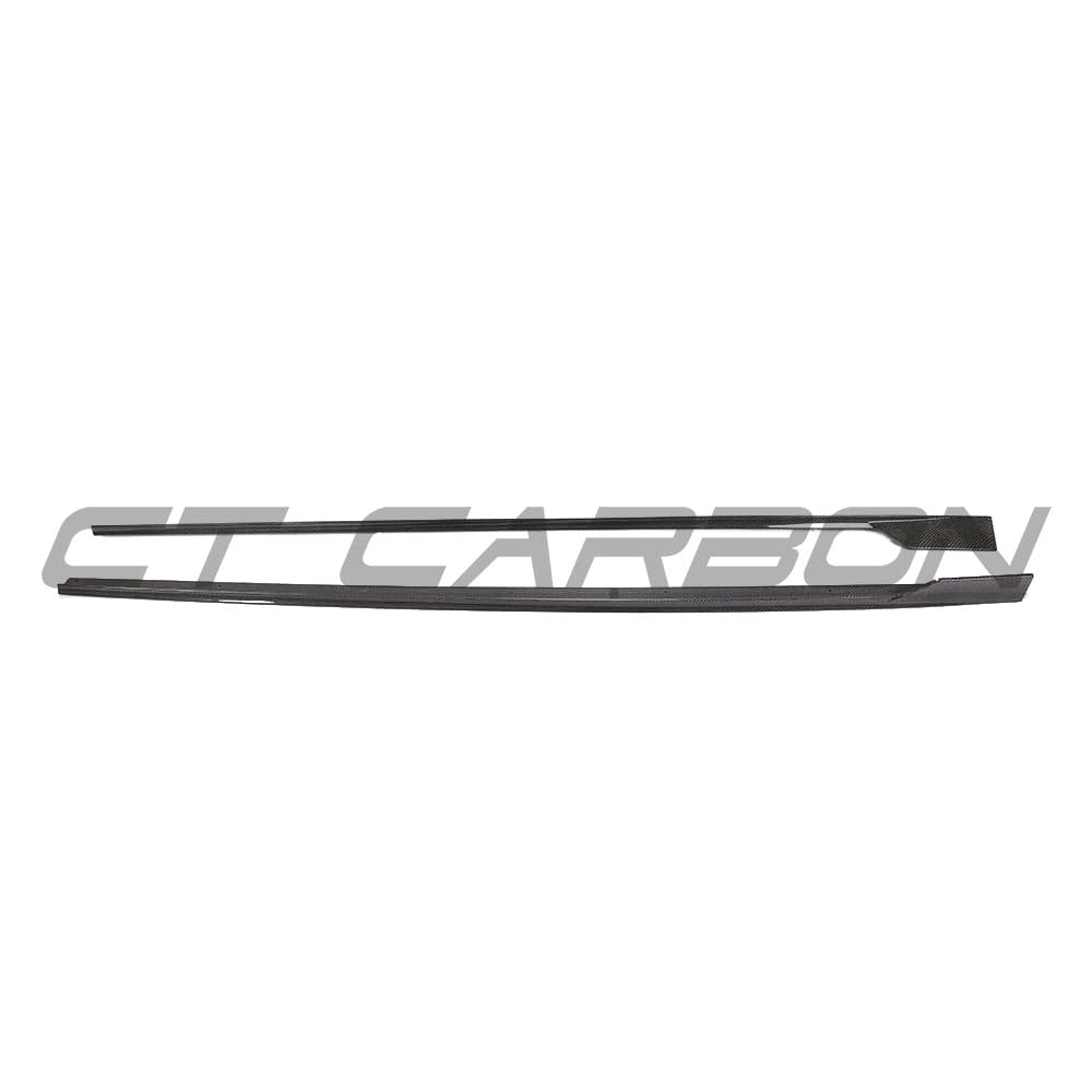 Side view of CT Carbon full carbon fiber side skirts kit on Audi RS3 8V saloon, showcasing sleek aerodynamic design and carbon fiber finish.