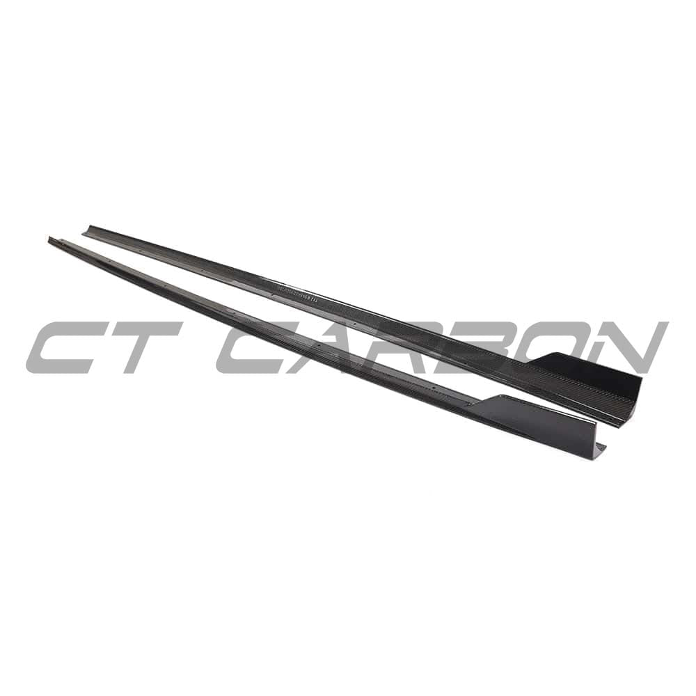 Side view of a CT Carbon full carbon fiber side skirts kit installed on an Audi RS3 8V saloon.