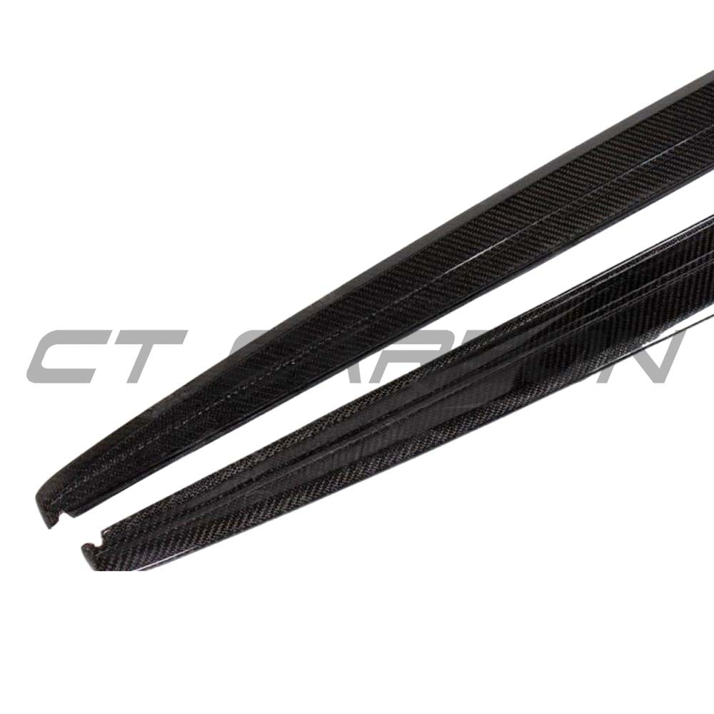 BMW F30 F31 3 Series carbon fiber side skirts by CT Carbon, featuring sleek MP style design on a white car.