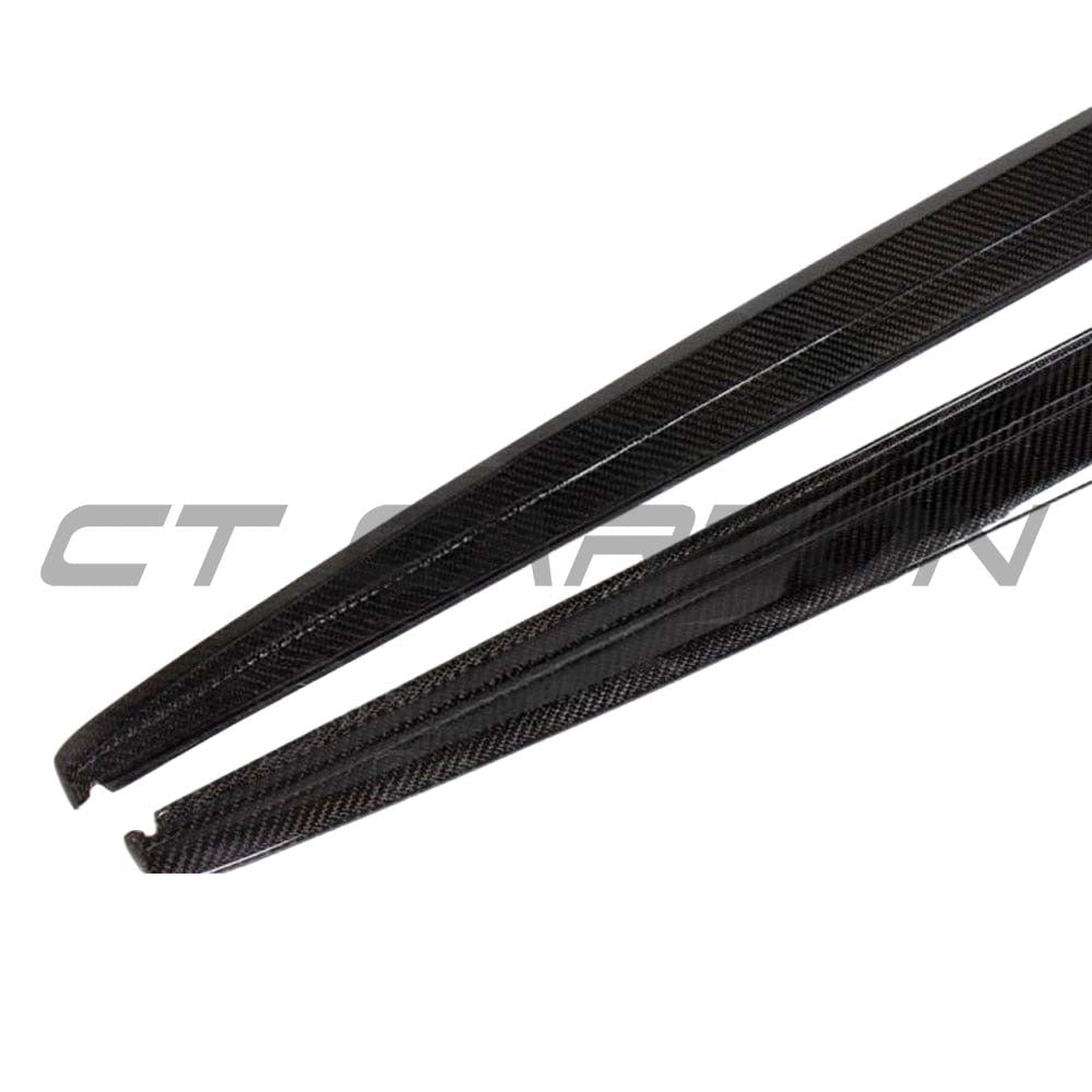 BMW F30 3 Series 2011-2019 CT Carbon side skirts in black carbon fiber, MP style, for a sporty aerodynamic look.
