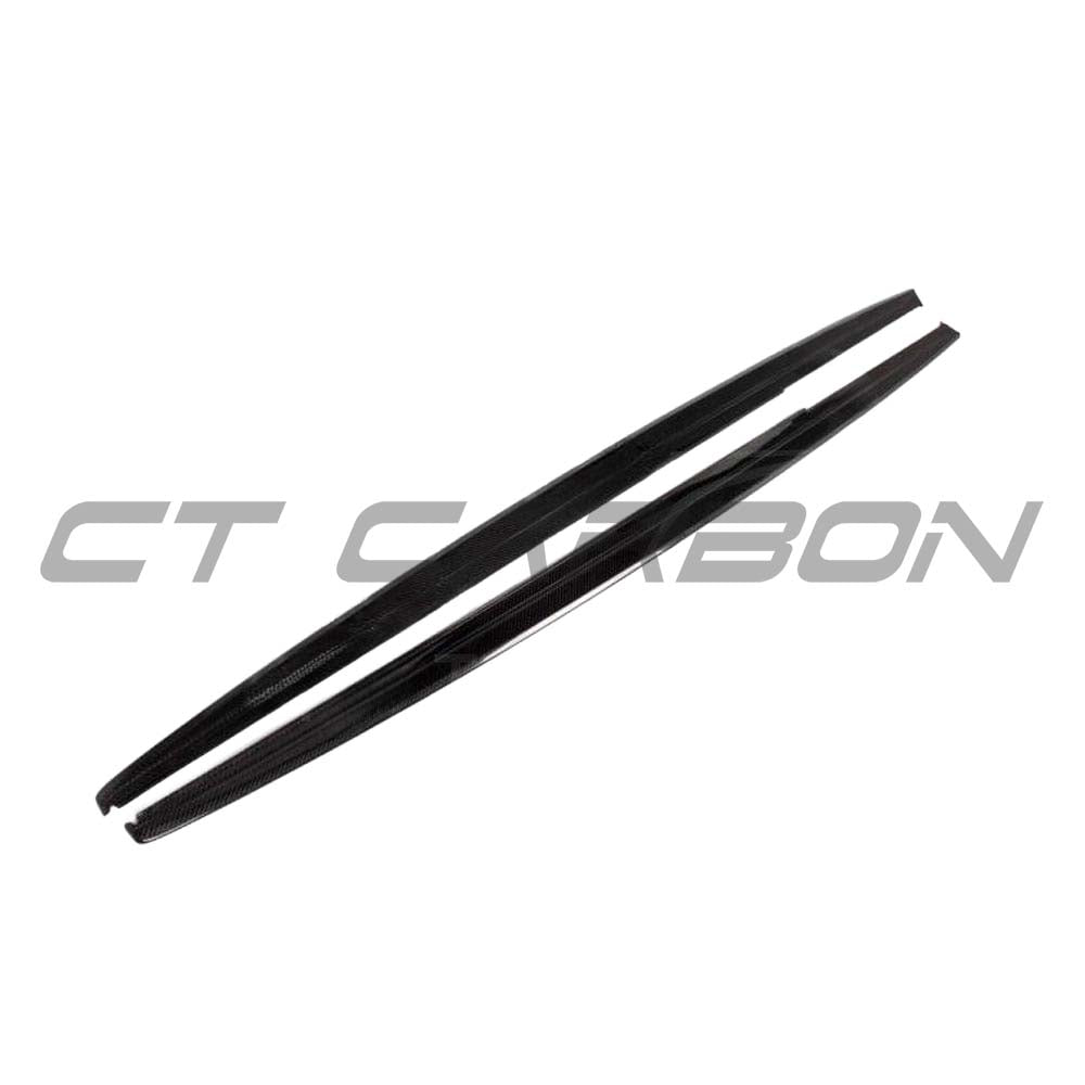 BMW F30/F31 3 Series carbon fiber side skirts by CT Carbon, featuring sleek MP style design on a black vehicle.