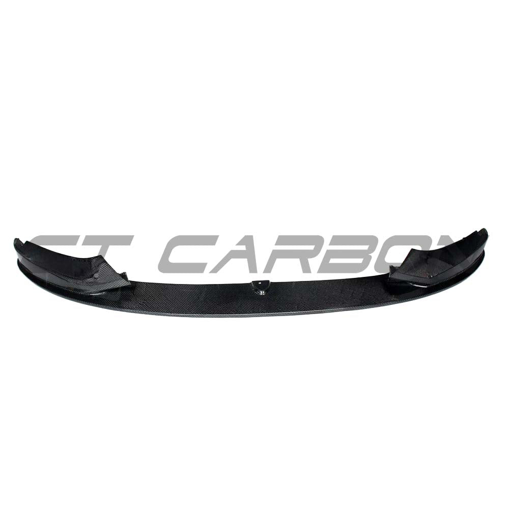 BMW F32/F33/F36 4 Series carbon fiber splitter by CT Carbon, M-Performance style, installed on front bumper, showcasing sleek, lightweight design.