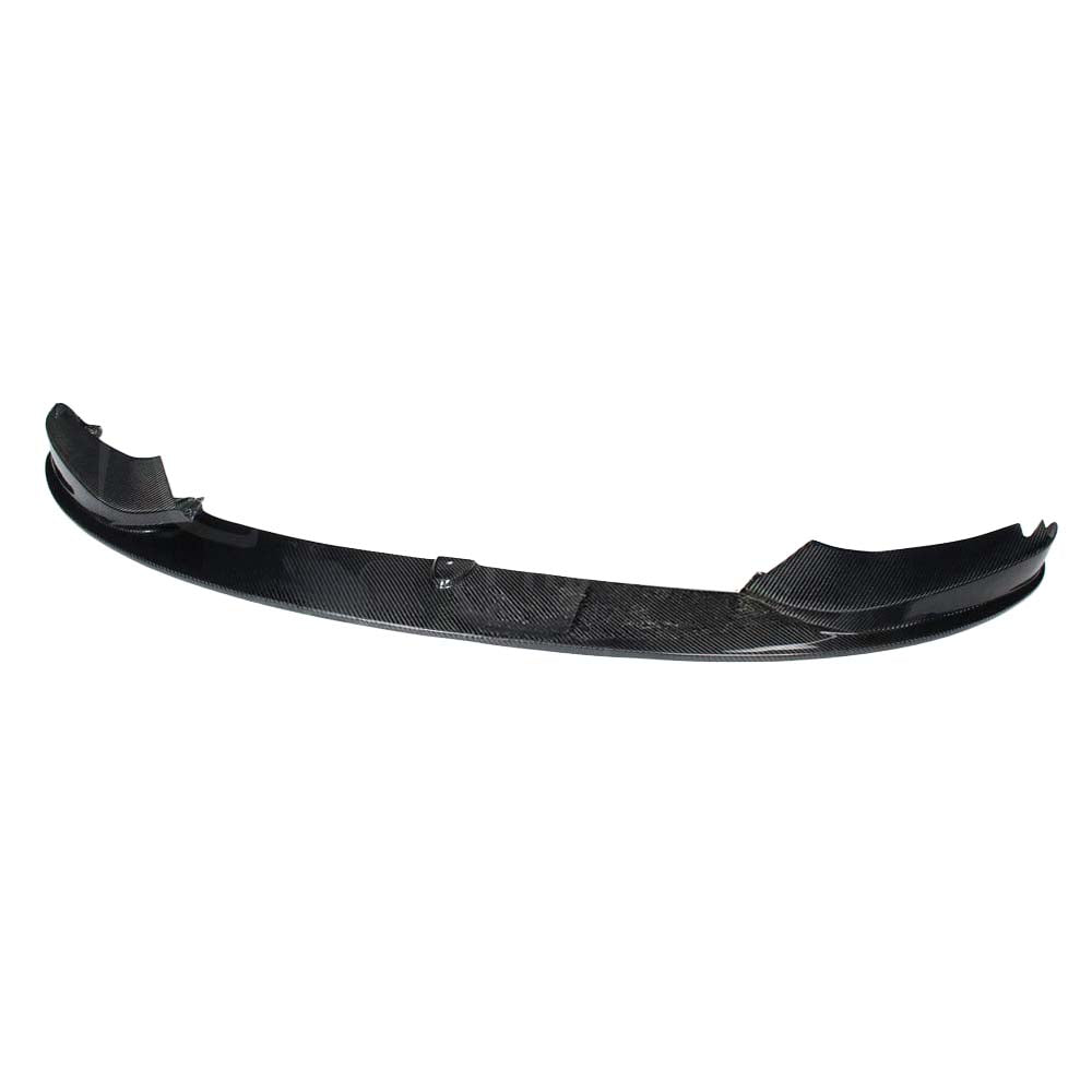 BMW F32/F33/F36 4 Series carbon fibre splitter by CT Carbon, M Performance style, shown on a sleek black vehicle.
