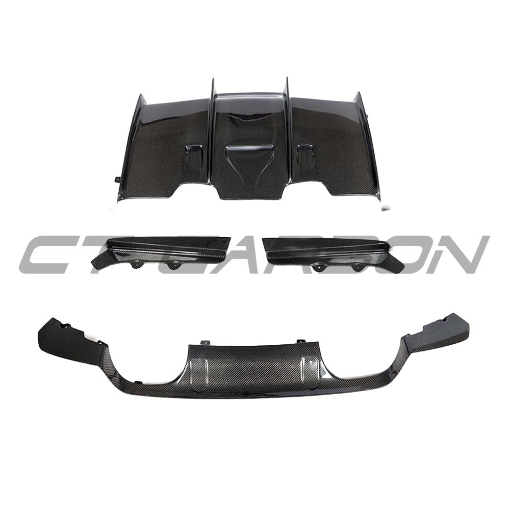 BMW M3 M4 F80 F82 F83 carbon fibre diffuser by CT Carbon, showcasing sleek, lightweight automotive performance upgrade.