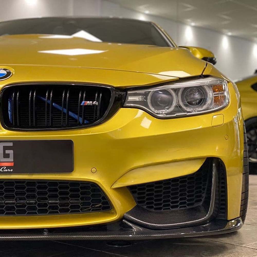BMW M3 M4 F80 F82 F83 carbon fibre splitter by CT Carbon, showcasing a 3D-style aerodynamic front splitter design.