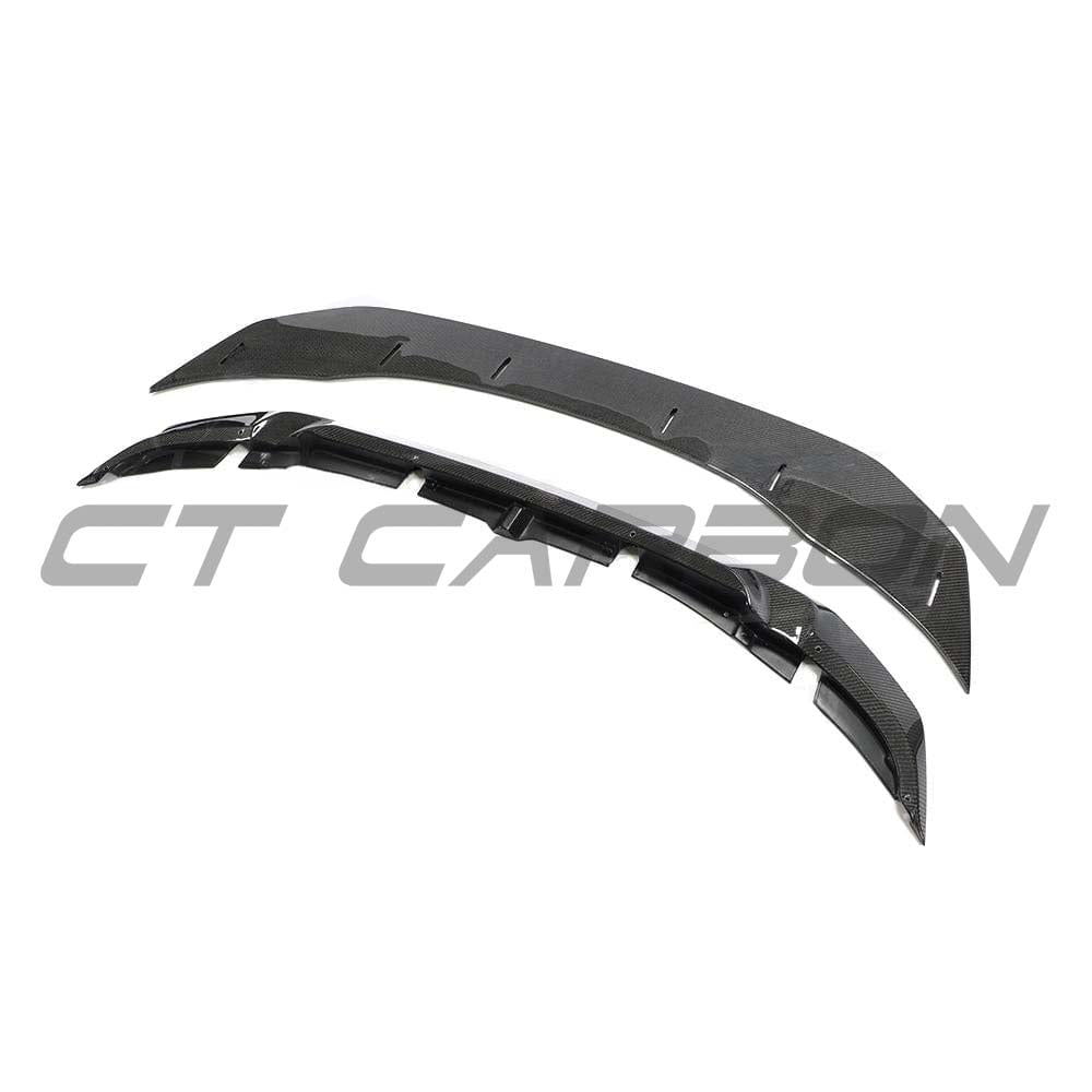 BMW M3 M4 F80 F82 F83 carbon fiber splitter by CT Carbon, GTS style, two-piece design for enhanced aerodynamics.