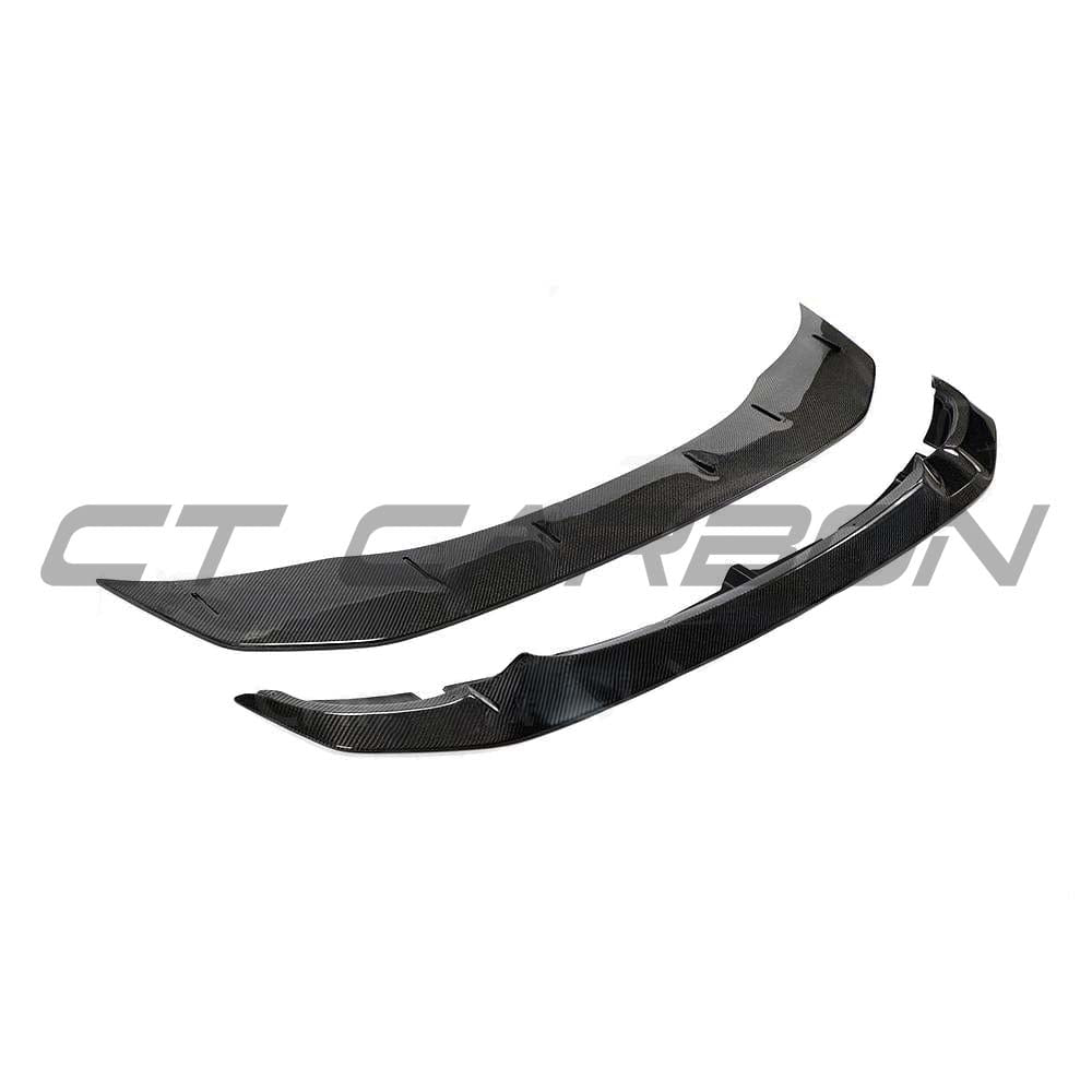 BMW M3 M4 F80 F82 F83 carbon fibre splitter by CT Carbon, GTS style, two-piece design, enhances aerodynamics and sporty appearance.