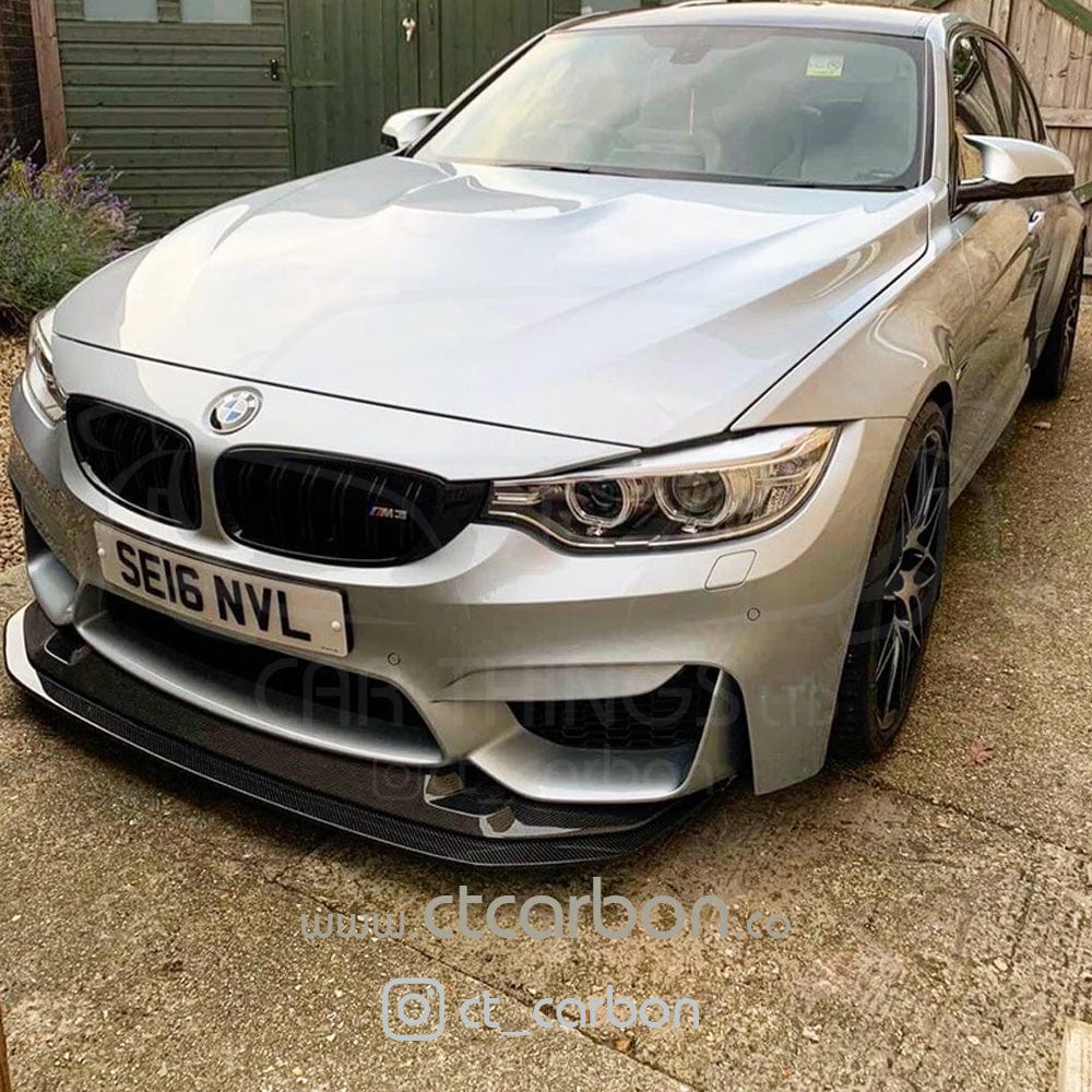 CT Carbon GTS-style carbon fibre splitter for BMW M3 M4 F80 F82 F83 2014-2020, two-piece performance car splitter.