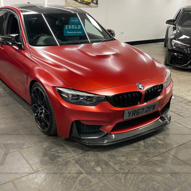 BMW M3 M4 F80 F82 F83 carbon fibre splitter by CT Carbon, GTS style, 2-piece design for enhanced aerodynamics and sporty look.