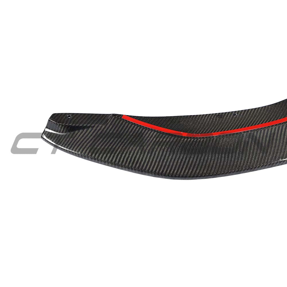 BMW M3 M4 F80 F82 F83 carbon fiber splitter by CT Carbon, showing sleek V8-inspired design and aerodynamic details.