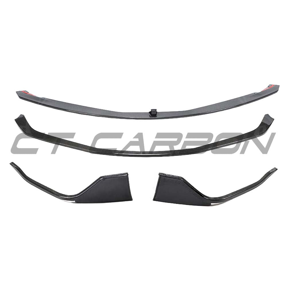 Toyota Supra 2019+ A90 CT Carbon full carbon fiber kit with splitter, showcasing sleek black carbon fiber finish and aerodynamic design.