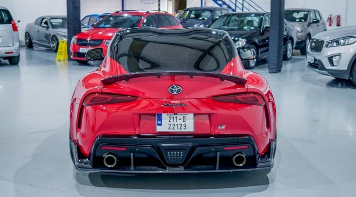 Full view of the CT Carbon Toyota Supra 2019+ A90 full carbon fibre kit showing the splitter and aerodynamic components.