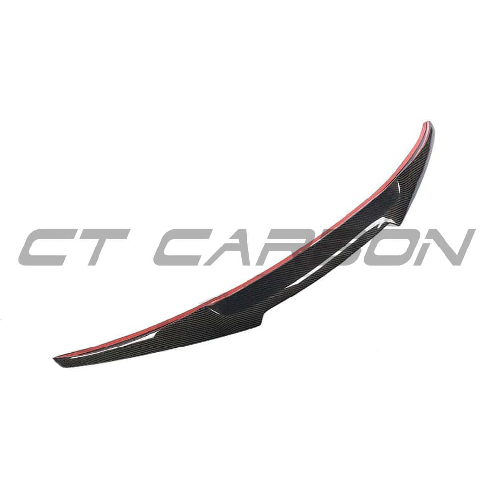 BMW F36 4 Series Gran Coupe carbon fibre spoiler by CT Carbon, M4-style, showcasing sleek aerodynamic design on the vehicle.