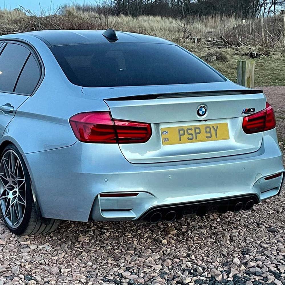 Carbon fiber spoiler for BMW M3 F80 and F30 3 Series by CT Carbon, rear boot spoiler with MP style design.