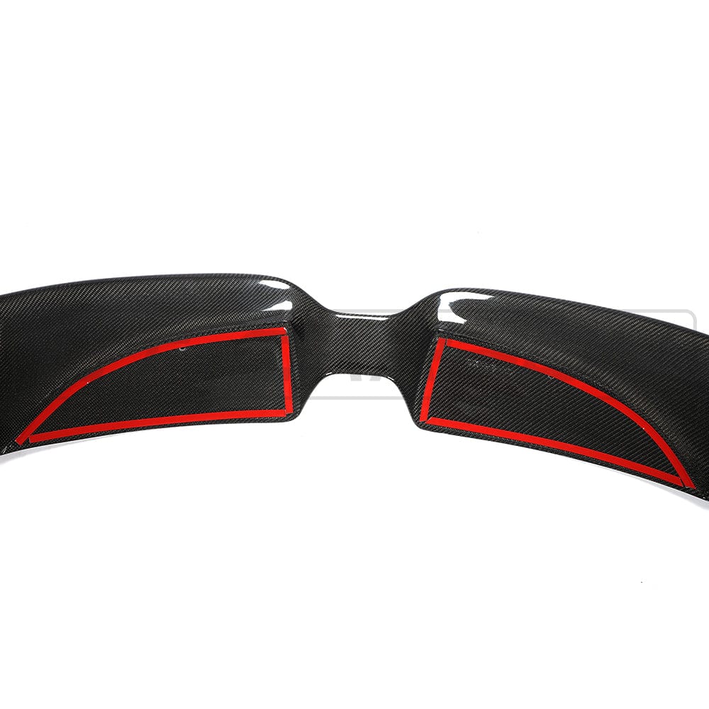 Carbon fiber spoiler for Mini Cooper S F56 and F66 JCW Sport Pack by CT Carbon, shown installed on the vehicle.