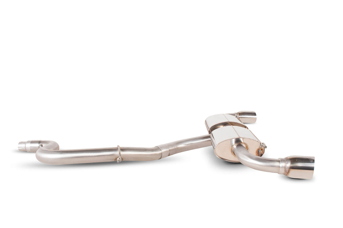 Scorpion Audi TT Mk2 2.0 TFSI cat-back exhaust system with polished metal pipes and dual exhaust tips.