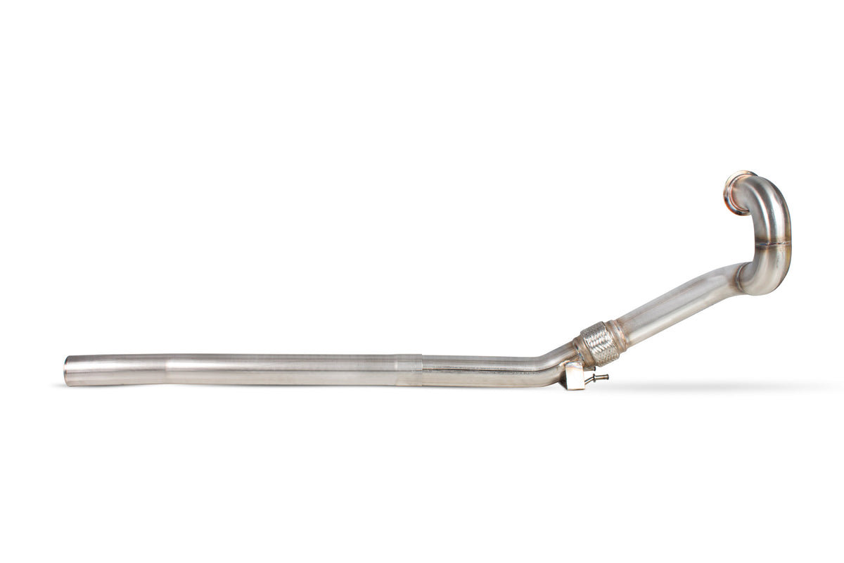 Scorpion Audi TT MK3 TTS de-cat downpipe, non-GPF model, showing polished stainless steel construction and connection points.